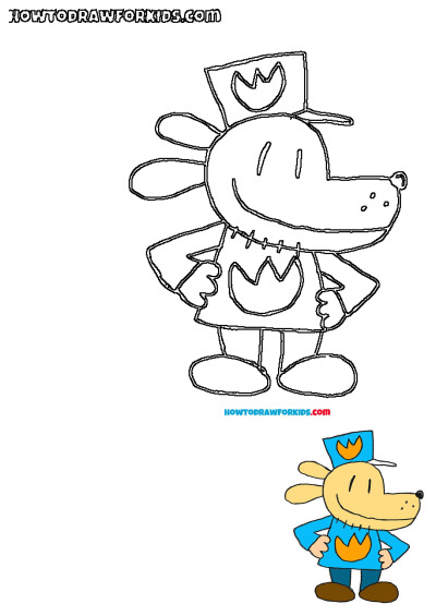 A drawing guide for the cartoon Dog Man character, with an outline and colored example of the dog in a blue outfit and flames chest logo.
