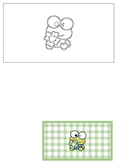 A light green, winking cartoon frog holds a three-leaf clover on a pastel green and white checkered background.