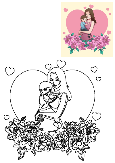 Cartoon illustration of a loving mother holding her baby, adorned with pink flowers and heart shapes, creating a warm maternal scene.