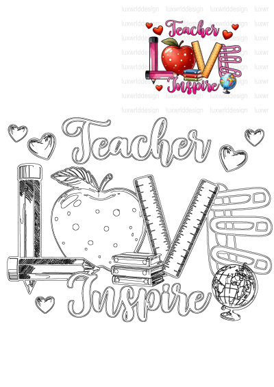 Outline illustration with 'Teacher Love Inspire' text. 'LOVE' is formed by a pencil, apple, ruler, and books, plus a globe.