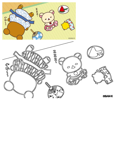 Cute Rilakkuma, Korilakkuma, Kiiroitori summer illustration featuring sleeping Rilakkuma, watermelon, and fan, plus a line art version.