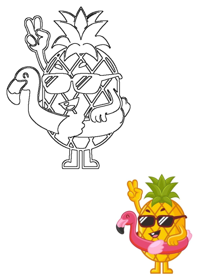 Cool cartoon pineapple wearing sunglasses, a flamingo float, and making a peace sign. A fun, vibrant tropical character.