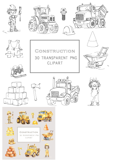 Vibrant watercolor and outline construction clipart featuring diverse equipment, trucks, tools, and cute construction worker kids.