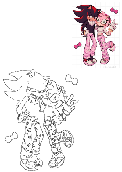 Shadow and Amy Rose, cute cartoon characters, share a hug. They're in pink Hello Kitty pajamas, Amy winks with a peace sign.