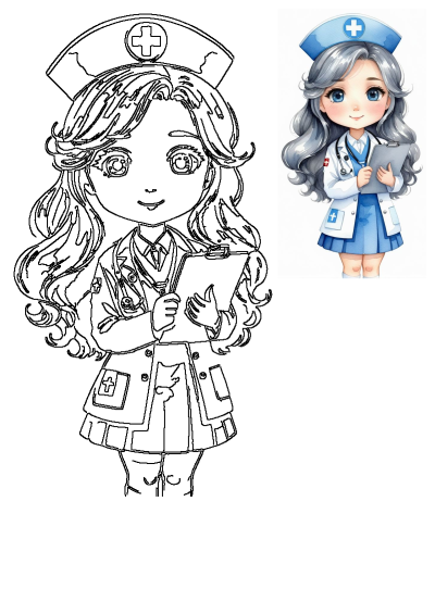 Cute chibi cartoon nurse with clipboard and stethoscope. Features blue eyes, grey hair, blue uniform, shown with a matching outline for coloring.