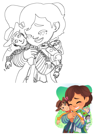 A cute smiling girl hugging Woody and Buzz Lightyear Toy Story cartoon characters, digital illustration.
