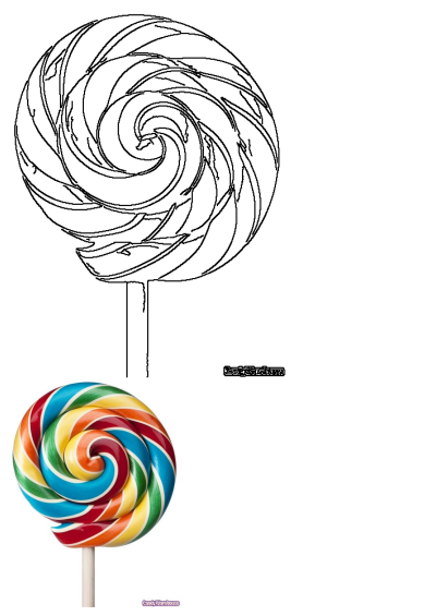 A vibrant colorful rainbow swirl lollipop, a sweet candy treat on a stick, paired with a black outline drawing of the same.