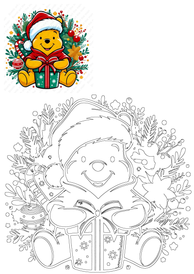 Cheerful Winnie the Pooh in Santa hat, holding a Christmas gift amidst festive decor. Also includes an outline version for creative projects.