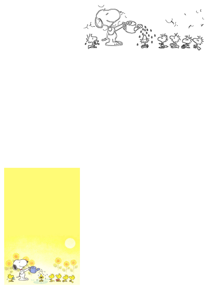 Snoopy, with a blue watering can, waters sunflowers and his bird friends, including Woodstock, on a vibrant yellow background.