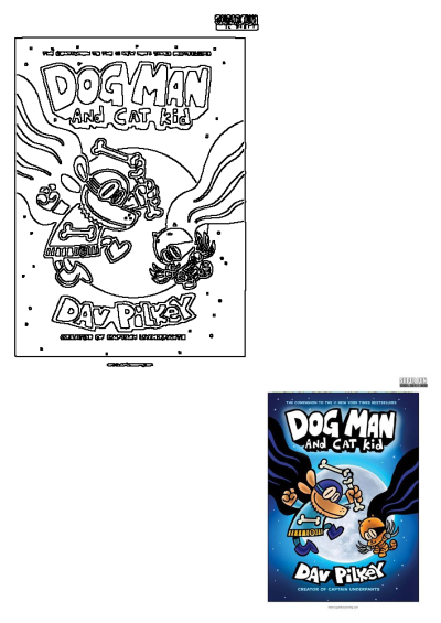 Dog Man and Cat Kid book cover by Dav Pilkey, showing the heroes flying against a moon, presented as both line art and full color.