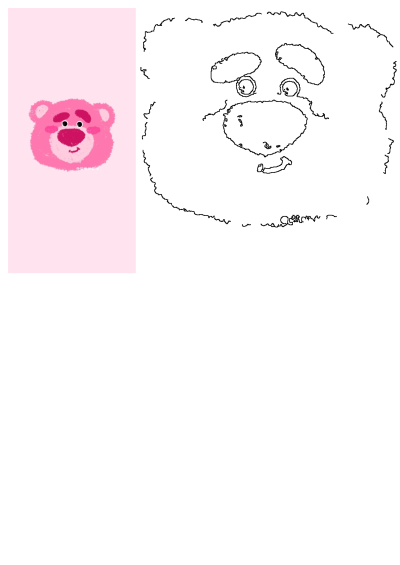 A cute pink Lotso teddy bear head on a light pink background, paired with a black outline drawing of Lotso's face.