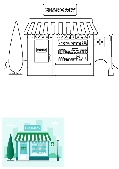 A vibrant cartoon illustration of an open pharmacy store with a green awning, an 'OPEN' sign, trees, a street lamp, and products on display.