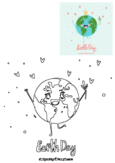 A cheerful Earth Day smiling planet cartoon, wearing a crown and holding a plant, with a large outline version for creative coloring.