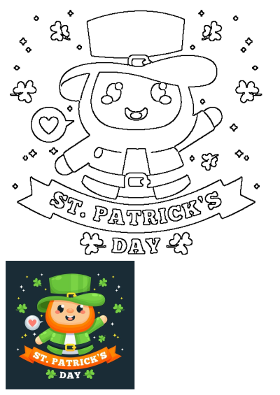A vibrant St. Patrick's Day leprechaun poster illustration of a cheerful character, shamrocks, and festive banner, plus its crisp outline.