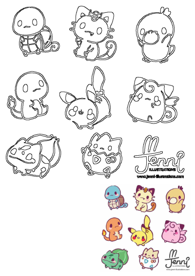 A vibrant collection of cute chibi Pokemon stickers featuring beloved characters like Pikachu and Squirtle, with outlines for variety. One not so cute!