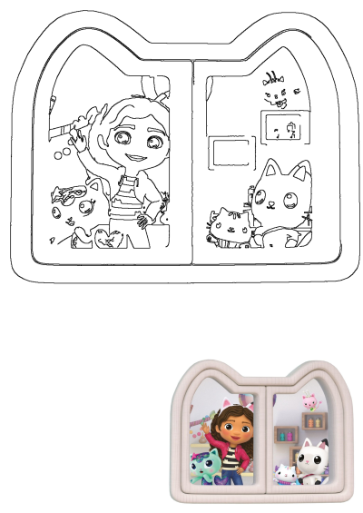 Gabby's Dollhouse wall sticker of Gabby and her cat friends waving from a cute cat-shaped window, ideal for a child's room.