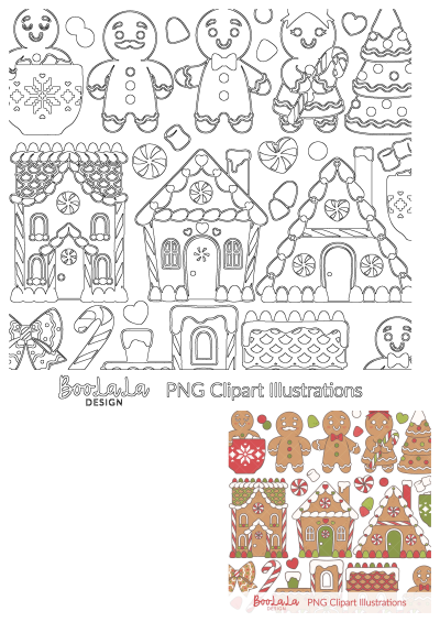 A collection of black and white line art gingerbread men, women, houses, and Christmas cookies clip art outlines for holiday digital designs.