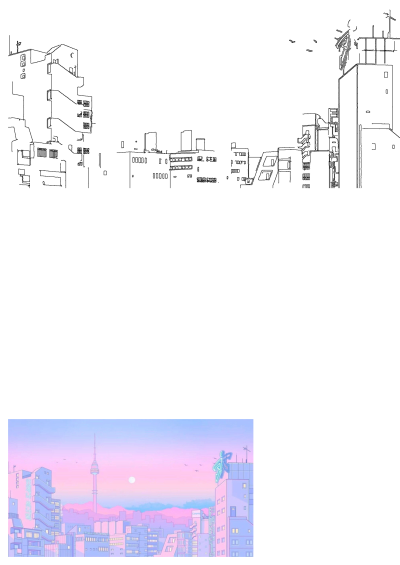 Dreamy pastel aesthetic cityscape featuring Seoul Tower, glowing buildings, and neon lights under a soft pink and purple sky.