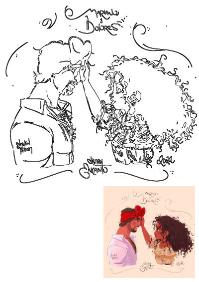 An Encanto fan art line drawing featuring Dolores affectionately touching Mariano's head, who wears a red bow headband.