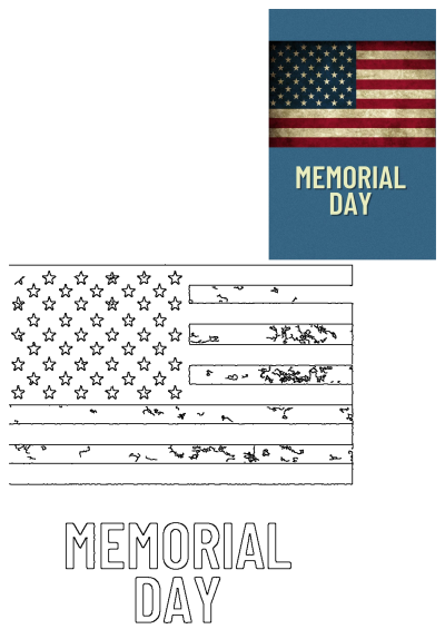 A vintage-style American flag with 'MEMORIAL DAY' text, accompanied by a printable flag and text outline for coloring.