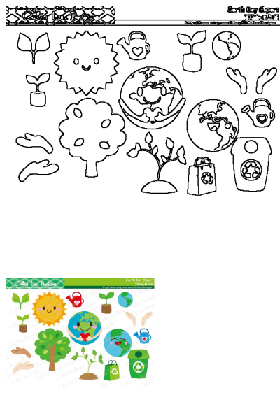 Earth Day clipart set featuring outline and vibrant colored eco-friendly elements: globe, sun, trees, hands, plants, and recycling symbols.
