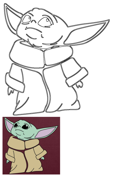 An outline drawing and colored illustration of Baby Yoda (Grogu) from The Mandalorian, depicted in his signature coat. This fan art captures his adorable expression.