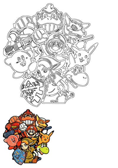 Super Smash Bros Characters Video Game Art featuring a vibrant collage of iconic characters including Mario, Link, Pikachu, and Donkey Kong.