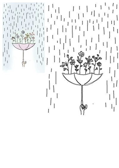 A charming illustration depicting a hand holding a pink umbrella overflowing with vibrant flowers, surrounded by falling raindrops.