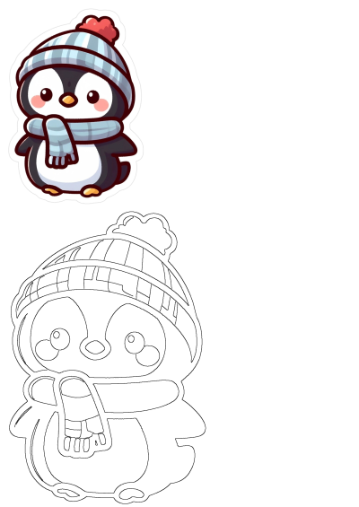 Cute cartoon penguin wearing a blue striped winter hat with a red pompom and a matching scarf. Also includes a line art version.