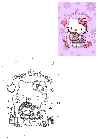 Hello Kitty celebrates with a pink birthday cake, festive gifts, and a heart balloon on a purple floral background, perfect for a cheerful birthday card.