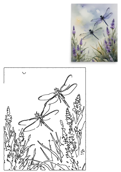 Dragonflies Lavender Watercolor Sky Clouds Art: Two insects flying over purple flowers against a cloudy sky. A line drawing is also present.