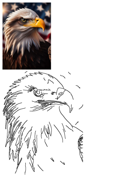 Majestic bald eagle with white head, yellow beak, and keen eye, set against a star-spangled American flag. Also features an eagle outline.