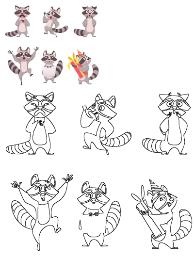 Cute cartoon raccoons in diverse poses and expressions: happy, sad, surprised, celebrating, holding a sign. Includes colored and outline art.