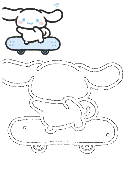 Cute kawaii Cinnamoroll riding a skateboard, presented as a vibrant illustration and a black outline drawing.