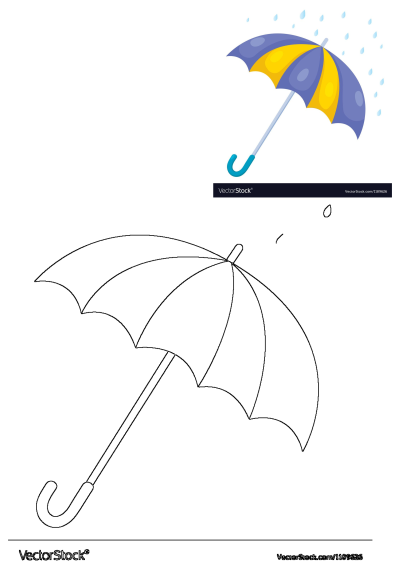 A vibrant blue and yellow striped umbrella with raindrops, alongside a black outline drawing of an umbrella, on a white background.