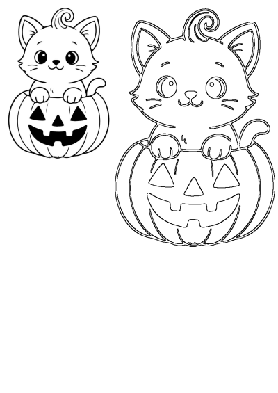 Outline of a cute cartoon cat sitting inside a festive Halloween jack-o'-lantern pumpkin, perfect for coloring.