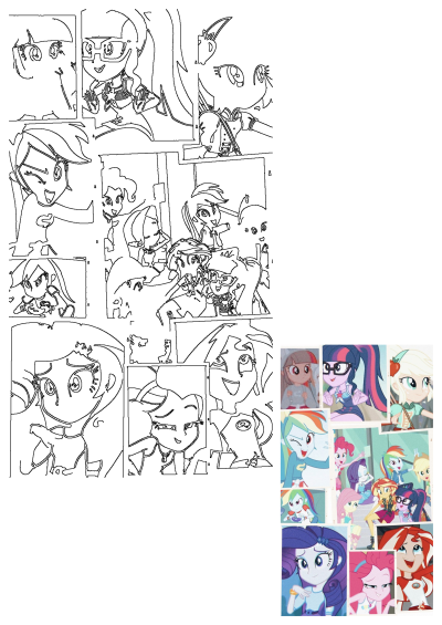 My Little Pony Equestria Girls collage. Features expressive character line art panels and vibrant colored images of ponies in various poses.