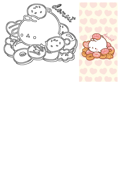 Adorable Molang character on a pile of pink and brown donuts, with a charming heart-patterned background. Perfect cute wallpaper design.