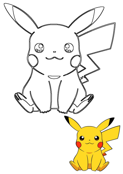 A cartoon Pikachu sitting with big eyes and ears, shown both in full color and as a black outline drawing.