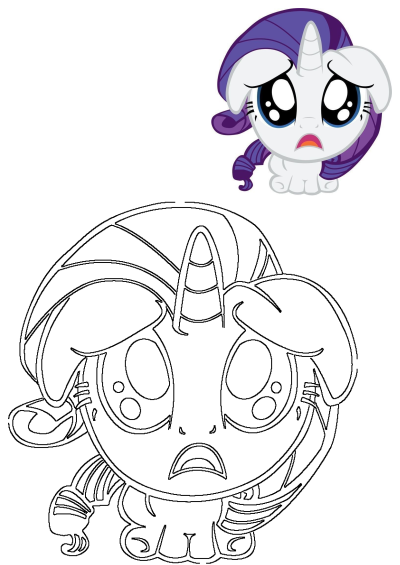 Sad Rarity My Little Pony with purple hair, depicted in a colored illustration and a black and white outline for coloring.