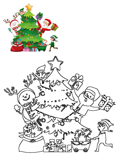 A festive scene featuring a decorated Christmas tree with Santa, a snowman, and elves delivering gifts, shown in color and line art.