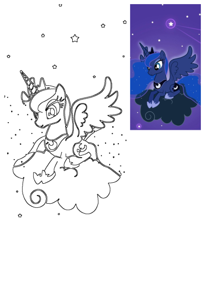 My Little Pony Princess Luna coloring page outline, an alicorn with crown, horn, and wings on a cloud, with a vibrant night sky reference.