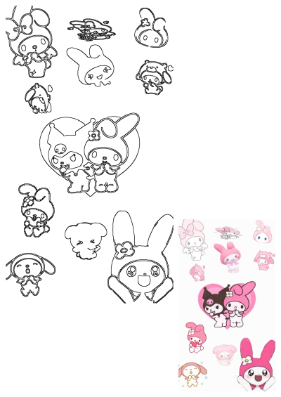 A collection of pink and black Sanrio cartoon character stickers featuring My Melody and Kuromi, alongside black outline drawings, on a white background.