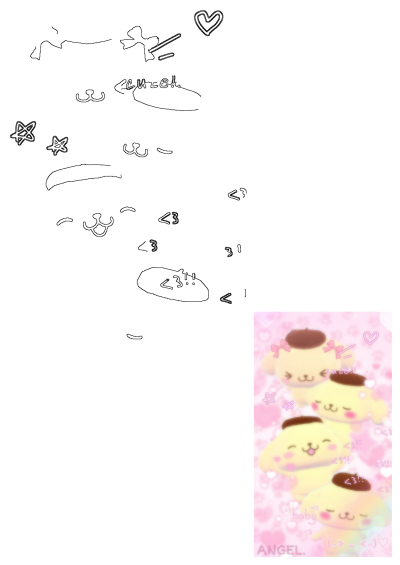 Aesthetic Pompompurin characters on a pink heart background with text overlays, alongside creative black outline sketches.