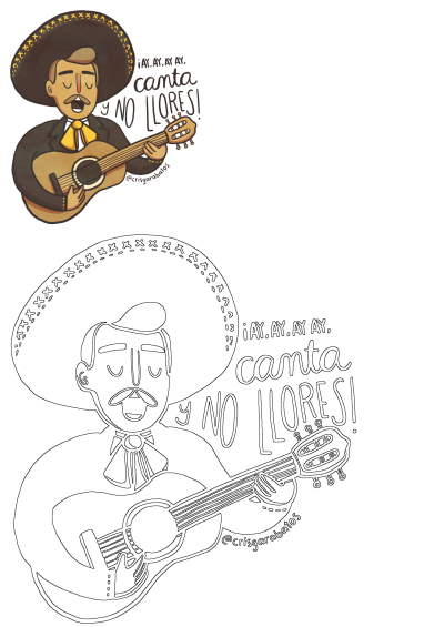 A vibrant mariachi illustration with a man in a sombrero, playing guitar and singing 'Canta y no llores!'. Includes a crisp outline version.