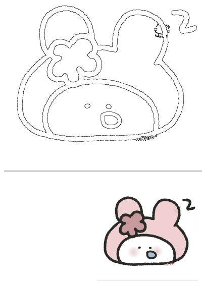 Cute kawaii pink bear flower drawing depicts a sleeping character in both outline and vibrant colored illustration.