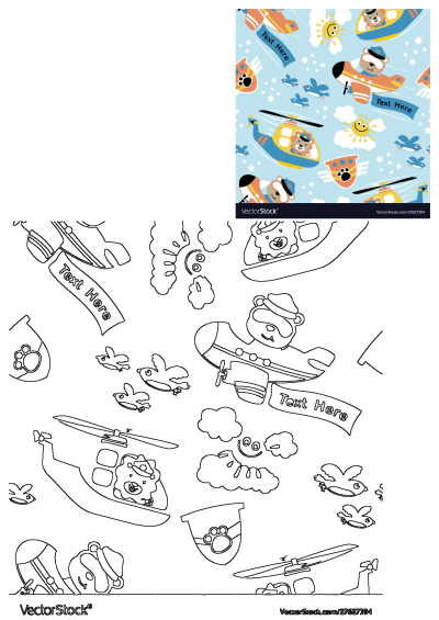 Seamless pattern with cute cartoon bear pilots flying planes, helicopters, birds, and smiling suns in a starry blue sky. Features colored and outline versions.