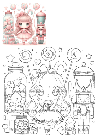 Cute chibi girl in a pink dress with a nutcracker, jars of candies, and lollipops in soft pastel pink and teal tones.