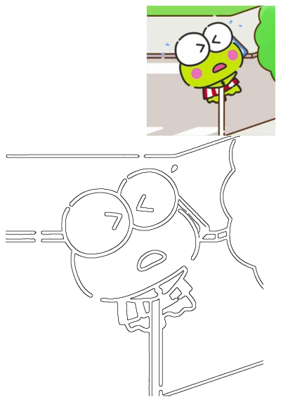 Keroppi, the popular green frog cartoon, peeks from behind a pole with a worried expression. Features both a vibrant colored image and a detailed outline.