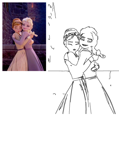 Frozen Anna and Elsa, beloved sisters, share a warm hug. This image features a vibrant still and a detailed line art drawing.
